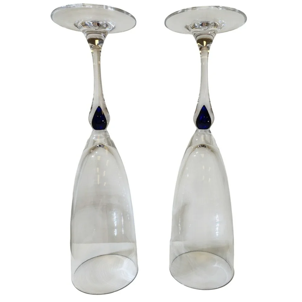 Cristal D'Arques Venice Saphir Blue Teardrop Champagne Flutes Set of 2 French